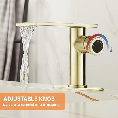 becola Modern Brushed Gold Bathroom Faucet，Waterfall Faucet for Bathroom Sink，Single Hole Cold and Hot Basin Mixer Tap，Single Handle Vanity Faucet with Adjust Knobs and Deck Plate