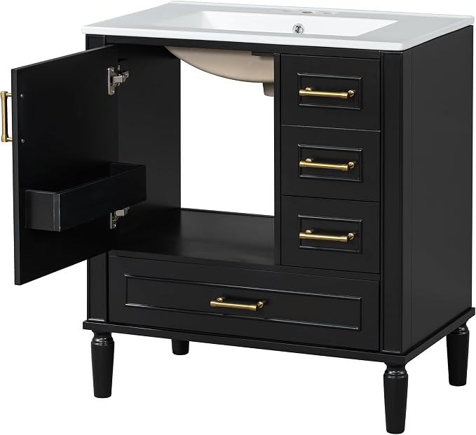 30" Bathroom Vanity with Sink,Free Standing Single Basin Vanity Set w/ 3 Drawers & Soft Closing Door,Solid Wood Frame,Metal Handles,Modern Storage Cabinet for Small Space,Black