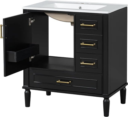 30" Bathroom Vanity with Sink,Free Standing Single Basin Vanity Set w/ 3 Drawers & Soft Closing Door,Solid Wood Frame,Metal Handles,Modern Storage Cabinet for Small Space,Black
