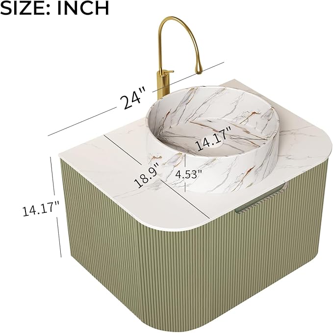 LKTART 24 Inch Floating Bathroom Vanity with Sink, Modern Wall Mounted Bathroom Storage Cabinet with Drawer, Stone Pattern Round White Ceramic Sink Top and Marble Texture Top, Green