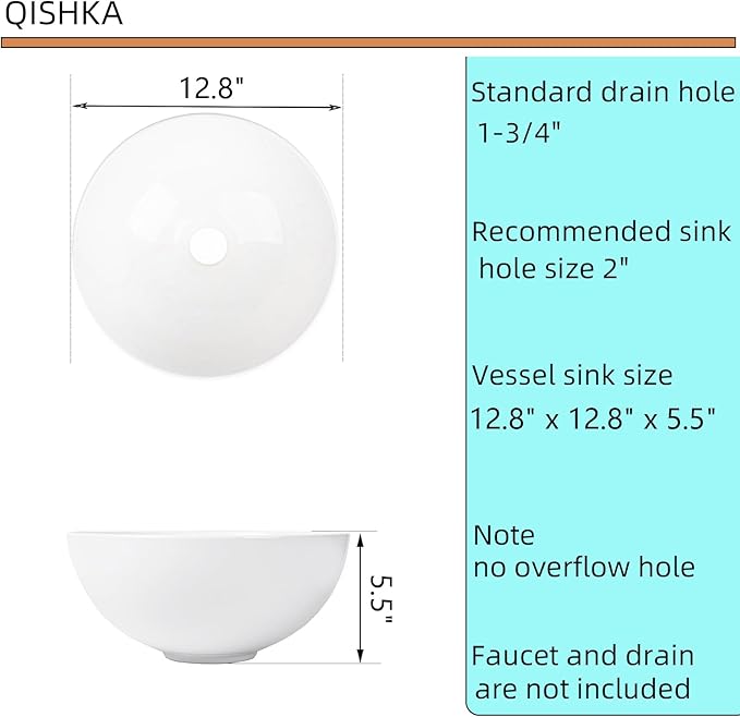 13 Inch Round Bathroom Bowl Sink Above Counter, QISHKA Small White Ceramic Vanity Vessel Sink - 13" x 13" Countertop Circle Art Basin for Space-Saving