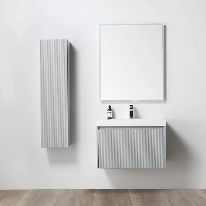 Blossom Positano Wall Mounted Bathroom Vanity with Acrylic Sink & Side Cabinet | All Wood Floating Vanity Cabinet | Soft-Close Drawer | Modern Minimalist Style (Light Grey, 30" w/Sink & SC)