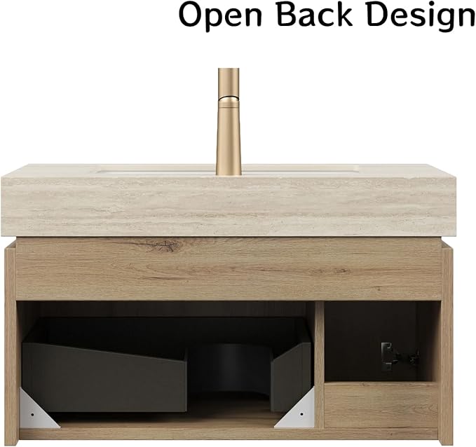 30" Bathroom Vanity with Sink, Wall-Mounted Plywood Bathroom Storage Cabinet with Ceramic Basin & Sintered Stone Countertop, Modern Pre-Assembled Floating Vanity with Drawer & Door, Oak