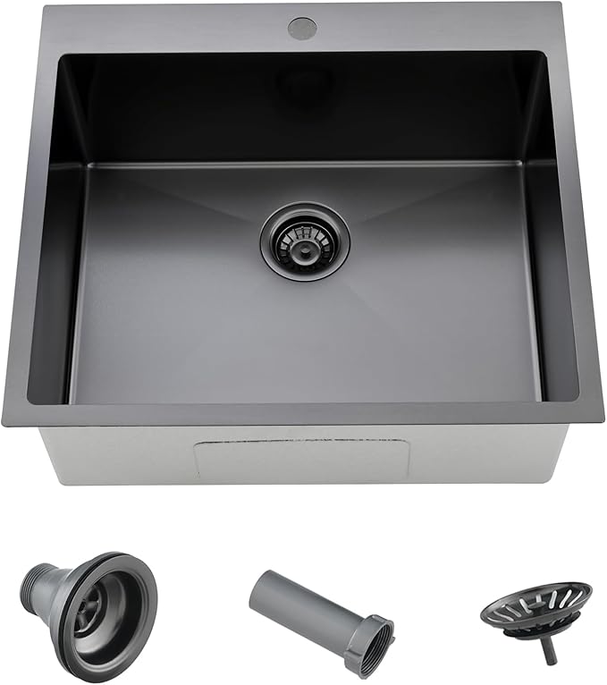 Comllen 25 x 22 Inch Drop In Black Kitchen Sink,Topmount 16 Gauge Stainless Steel Black Kitchen Sinks, 9 Inch Deep Utility RV Sink with Basket Strainer