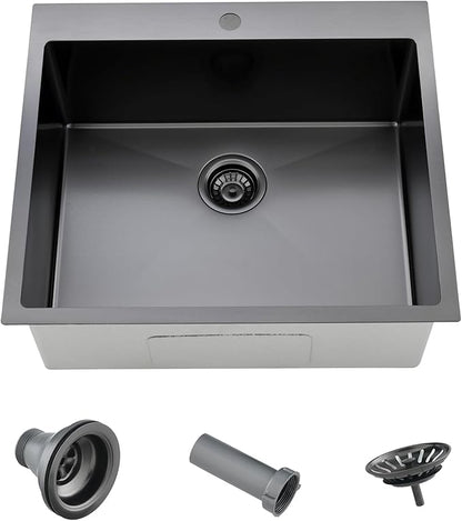 Comllen 25 x 22 Inch Drop In Black Kitchen Sink,Topmount 16 Gauge Stainless Steel Black Kitchen Sinks, 9 Inch Deep Utility RV Sink with Basket Strainer
