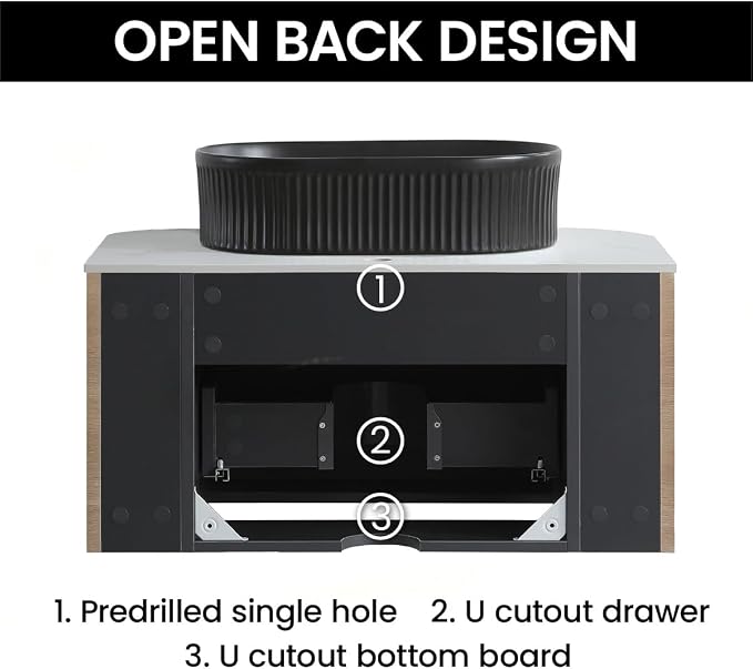 30" Preassembled Floating Bathroom Vanity with Black Sink, Oak | Mid-Century Modern Style, Fluted & Soft-Close Drawer with U-shaped Wall, Sinterted Stone Countertop, Towel Rack Included