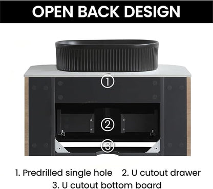 30" Preassembled Floating Bathroom Vanity with Black Sink, Oak | Mid-Century Modern Style, Fluted & Soft-Close Drawer with U-shaped Wall, Sinterted Stone Countertop, Towel Rack Included