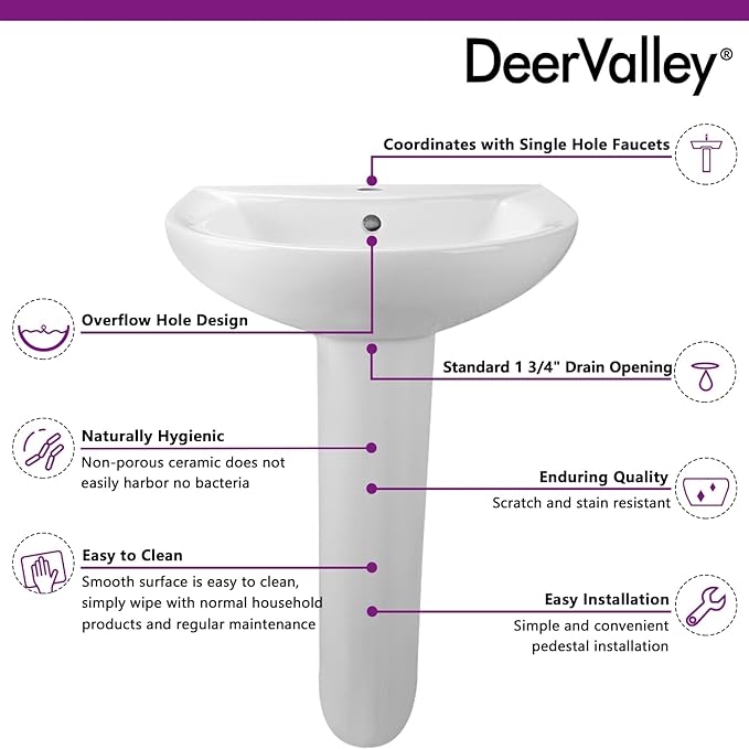 DeerValley 20x17 Inch Compact White Ceramic Pedestal Bathroom Sink with Overflow and Single Faucet Hole, Space-Saving Design, DV-1P523