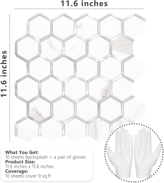 STICKGOO Hexagon Peel and Stick Backsplash Tile, Stick on Backsplash for Kitchen and Bathroom, White Marble Look PVC Mixed Metal Silver Self Adhesive Wall Tiles(10 Sheets, Seamless)