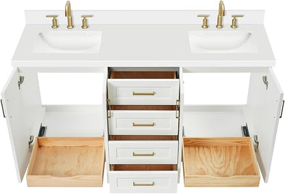ARIEL Taylor 66-inch Bathroom Vanity with Sink,Solid Wood, 1.5-inch Pure White Quartz Countertop & Backsplash, Double Oval Porcelain Sink, 4 Soft Closing Doors, 5 Dovetail Drawers, Satin Brass, White