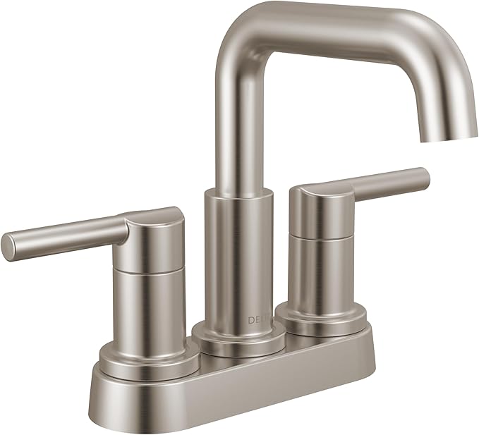 Delta Nicoli Centerset Brushed Nickel Bathroom Faucet with Sprayer, 4 Inch 3 Hole Bathroom Sink Faucet with Pull Out Sprayer, Push-Pop Drain, Stainless 25849LF-SS