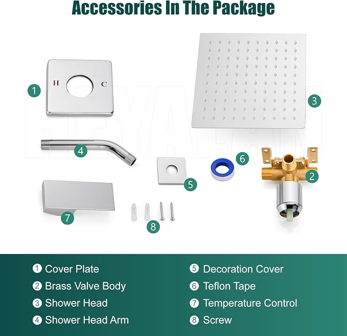 Heyalan 8-Inch Square Rain Shower Faucet Set with Valve, Polished Chrome | SUS304 stainless steel shower head, male NPT 1/2-inch valve, single-handle control, adjustable angle, 1.8 GPM