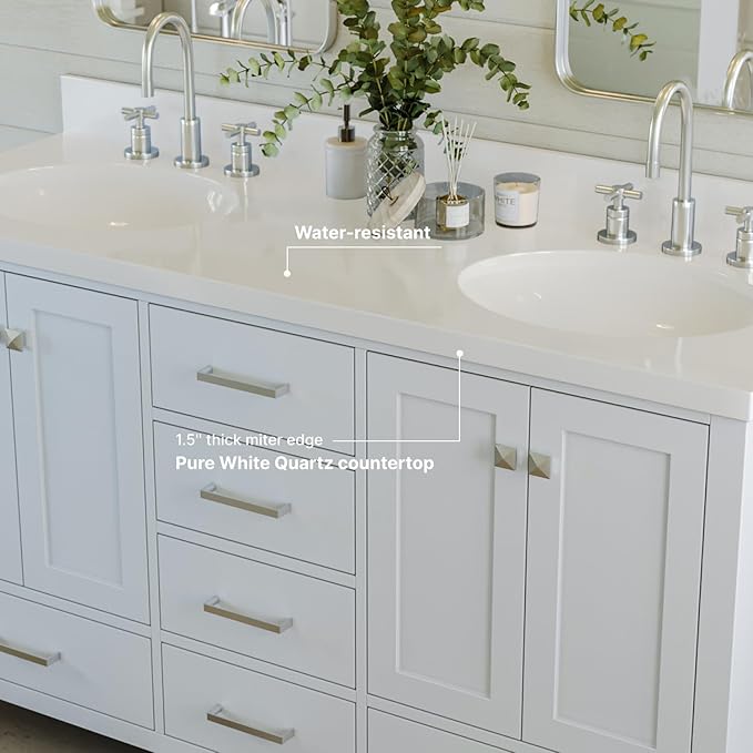 ARIEL Cambridge 60-inch Bathroom Vanity with Sink,Solid Wood, 1.5-inch Pure White Quartz Countertop & Backsplash, Double Oval Porcelain Sink, 4 Soft Closing Doors, 6 Dovetail Drawers, White