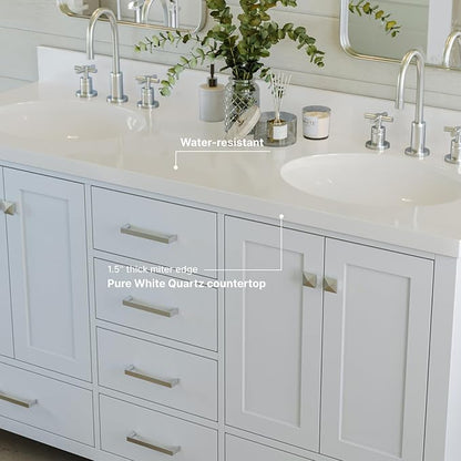 ARIEL Cambridge 60-inch Bathroom Vanity with Sink,Solid Wood, 1.5-inch Pure White Quartz Countertop & Backsplash, Double Oval Porcelain Sink, 4 Soft Closing Doors, 6 Dovetail Drawers, White