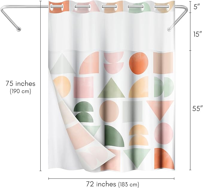 Americanflat 72x75 Hookless Shower Curtain - Water-Resistant Geometric Pastel Shower Curtain with Sheer Panel, Snap-in Liner, and Grommets - 100% Polyester - Peach, Green, Pink, Yellow & White