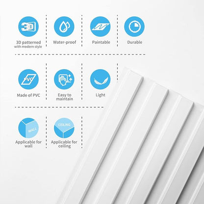 Art3d 3D Fluted Textured Slat Wall Panels, 19.7 x 19.7 in, 12-Pack, White | PVC, Waterproof, Scratch Proof, Wipeable, Break-Proof, Ideal for Home, Office and Commercial Spaces