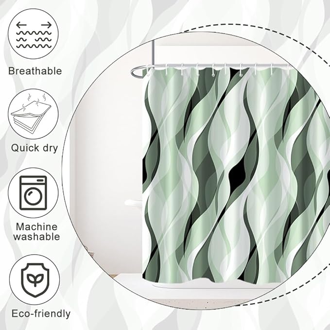 Green Shower Curtain, Modern Abstract Ombre Green Striped Shower Curtain Set for Bathroom Waterproof Polyester Shower Curtain with Hooks, 72x72 Inch