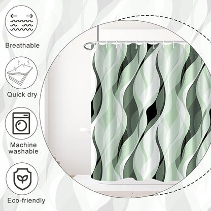 Green Shower Curtain, Modern Abstract Ombre Green Striped Shower Curtain Set for Bathroom Waterproof Polyester Shower Curtain with Hooks, 72x72 Inch