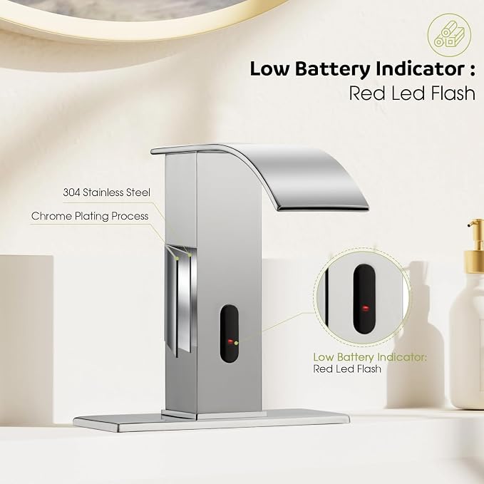 Automatic Motion Sensor Faucet with Waterfall Spout,Stainless Steel Sink Faucet with Hole Cover Plate (Regular, Chrome)