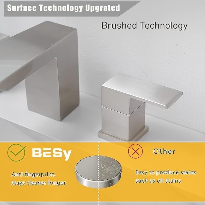 BESy Waterfall Bathroom Faucets 3 Hole Square 8 Inch Widespread Bathroom Sink Faucet Vanity 2 Handle Widespread for Restroom Sink with Pop Up Drain cUPC Supply Hose Brushed Nickel