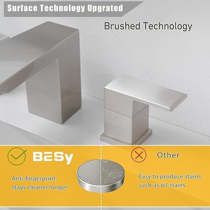 BESy Waterfall Bathroom Faucets 3 Hole Square 8 Inch Widespread Bathroom Sink Faucet Vanity 2 Handle Widespread for Restroom Sink with Pop Up Drain cUPC Supply Hose Brushed Nickel