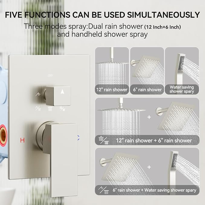 Shower System Shower Faucet Set, STARBATH 12"+6" Ceiling Mount Rain Shower Head and Handheld Spray for Two Person, Rainfall Shower System with Diverter Valve and Trim Kit Complete,Brushed Nickel