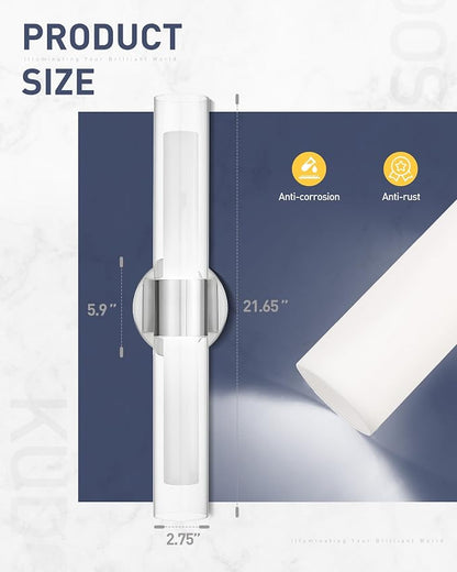 kudos 2-Pack Brushed Nickel Vanity Lights, Clear and Frosted Glass, 3CCT | 11W,1100 Lumens, 3000K, 4500K and 6000K Selectable, Hardwired, for Bathroom, Bedroom and Over Mirror, KDVL06-BN-2-2PK