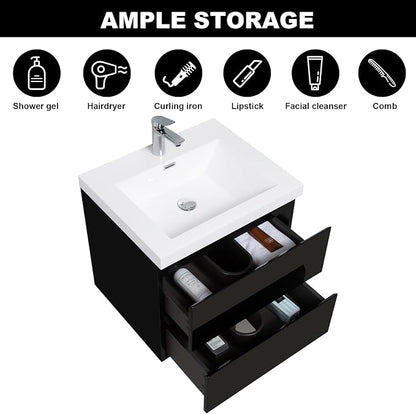Pre-Assembled 24'' Wall Mounted Bathroom Vanity with Sink, Glossy Black | Floating Bathroom Vanity with Solid Surface Top Basin, 2 Soft-Close Drawers, Resin Integrated Sink, Easy to Install & Clean