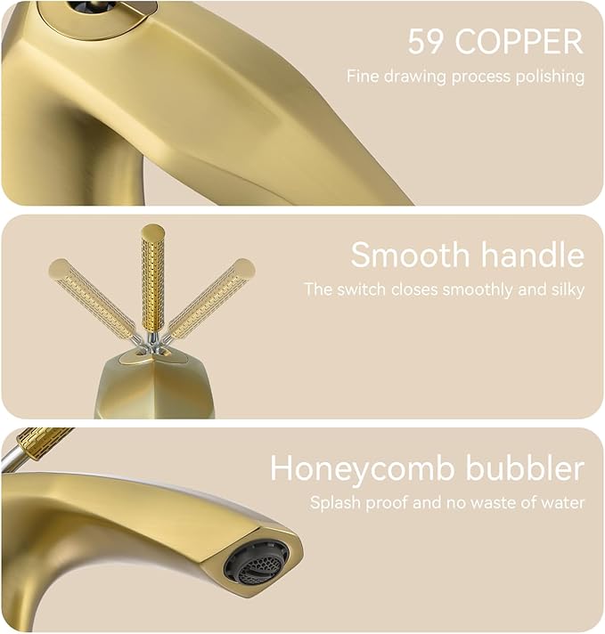 Brushed Gold Single Handle Bathroom Faucet - Lead-Free, Aerated Stream, Easy Install