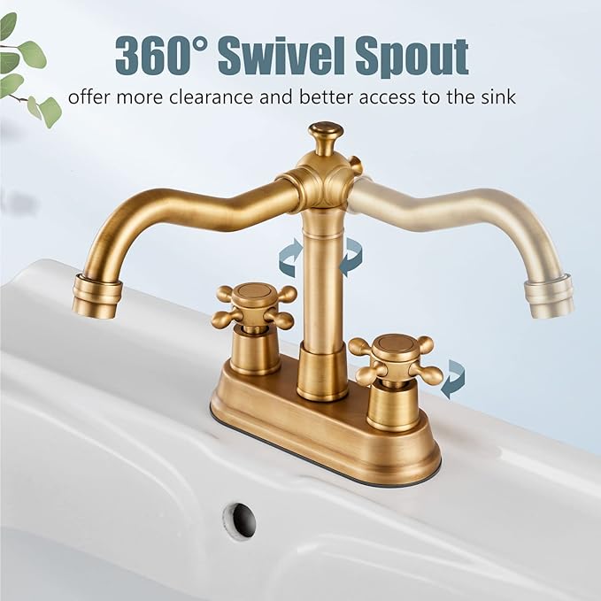 Aolemi 4 Inch Centerset Bathroom Sink Faucet Vintage 2 Cross Handle RV Mixer Tap Basin Vanity Lavatory Utility for Sink 3 Hole Include Hoses Pop Up Drain Faucet Handle Without Label Antique Brass