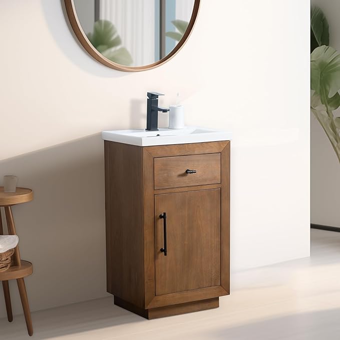 Vanity Art 20 inch Small Bathroom Vanity with Sink, Solid Poplar Wood, Vanity Cabinet with Doors and Removable Shelf, Modern Wood Cabinet with Marble Top, Ceramic Sink, Tan, VA70-20-T