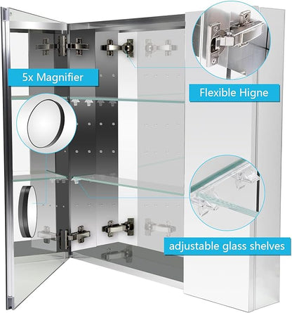 Sunrosa Aluminum Bathroom Medicine Cabinet with Mirror Door, 36"×27.5" Bathroom Mirror Cabinet,Wall-mountable and Recessed-in Mirror Cabinet, 2 Door Medicine Cabinet Organizer with Mirror
