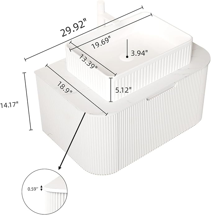 Yayzy 30" Floating Bathroom Vanity with Sink, Solid Wood Fluted Cabinet, White Fluted Square Ceramic Basin & Faux Marble Top, Soft-Close Drawer, Pre-Assembled, White