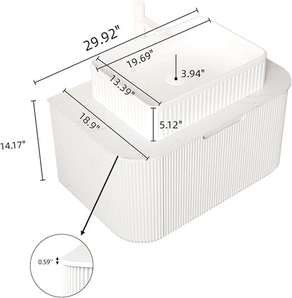 Yayzy 30" Floating Bathroom Vanity with Sink, Solid Wood Fluted Cabinet, White Fluted Square Ceramic Basin & Faux Marble Top, Soft-Close Drawer, Pre-Assembled, White