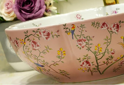 Bathroom Vanity Top Vessel Sink Pink Color American Style Ceramic Countertop Sink Bowl with Flower Bird Pattern without Faucet - Above Counter Installation - 16.4"L x 16.4"W x 5.9"H