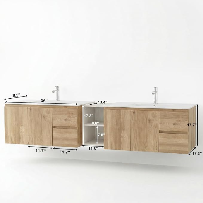 84" Modern Floating Double Sink Bathroom Vanity, Wall Mounted Bathroom Cabinet with U-Shaped Drawers, Beveled Invisible Handles Open Side Shelf, FSC Certified Wood Veneer (White, 84 lnch)
