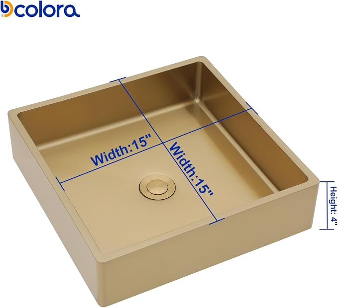 Dcolora 15 In. Gold Drop In Bathroom Vessel Sink for Vanity, 16 Gauge Stainless Steel Sink with Drain Assembly, 15"D x 15"W x 4"H #DC-VS261202