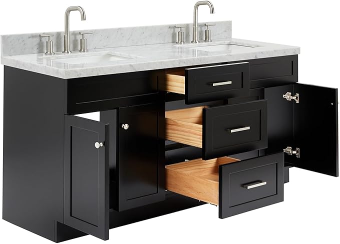 DKB Bradford 72 Inch Bathroom Vanity Double Sink — Black Bathroom Vanity with Sink, 1.5" Edge Italian Carrara Marble Countertop & Backsplash, 4 Soft-Close Doors, and 3 Dovetail Drawers