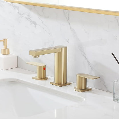 Gold Bathroom Faucet 3 Hole, Widespread Bathroom Faucet Brushed Gold, 2-Handles 8 Inch Centerset Bathroom Sink Faucets with Water Hoses and Drain Faucets for RV Bath Vanity Lavatory, RH079GVAL