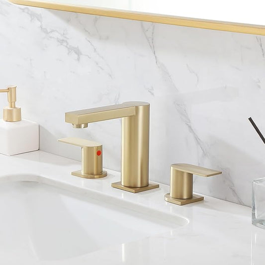 Gold Bathroom Faucet 3 Hole, Widespread Bathroom Faucet Brushed Gold, 2-Handles 8 Inch Centerset Bathroom Sink Faucets with Water Hoses and Drain Faucets for RV Bath Vanity Lavatory, RH079GVAL