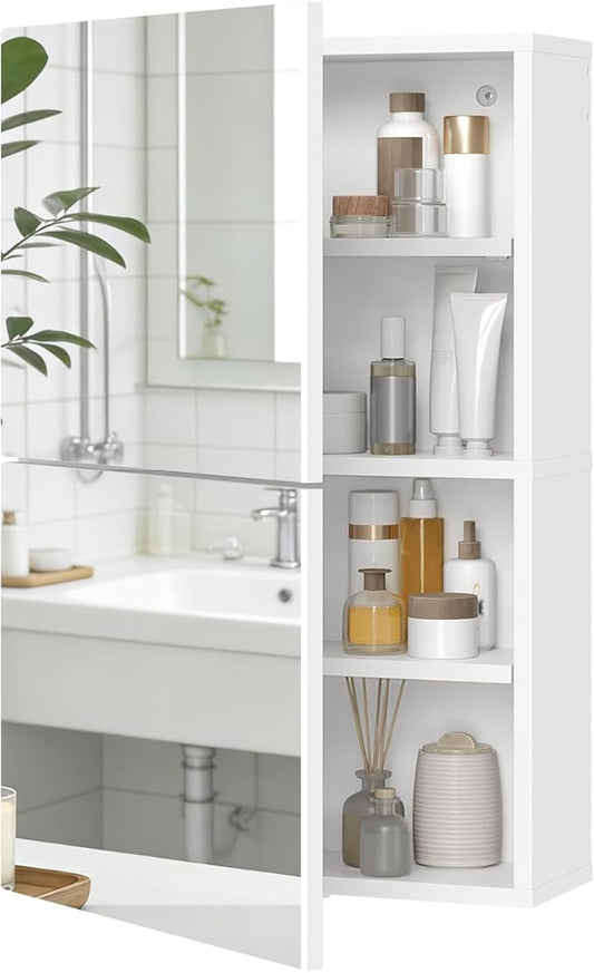 Medicine Cabinet with Mirror, Bathroom Cabinet Wall Mounted with 2 Mirrored Doors, Wooden Hanging Storage Cabinet with Adjustable Shelves, for Bathroom Vanity, Entryway, Living Room, White