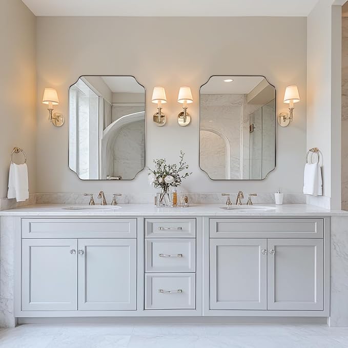 22"x30" Brushed Nickel Scalloped Mirrors for Bathroom Sink | Rust-Proof Stainless Steel Frame, Unique Notched Corners, Anti-Corrosion Silver-Backed Glass, Modern Bathroom Wall Decor
