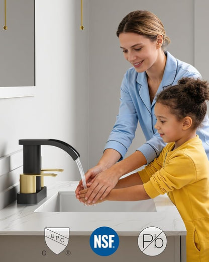 gotonovo 4’’ Centerset Bathroom Sink Faucet Waterfall Black&Brushed Gold | SUS304 Bathroom Faucet,2.17’’ Wide Spout,24’’ cUPC Water Line,Pop up Drain,2 Handle,Basin,Vanity,RV,Lavatory 2 or 3 Hole Sink