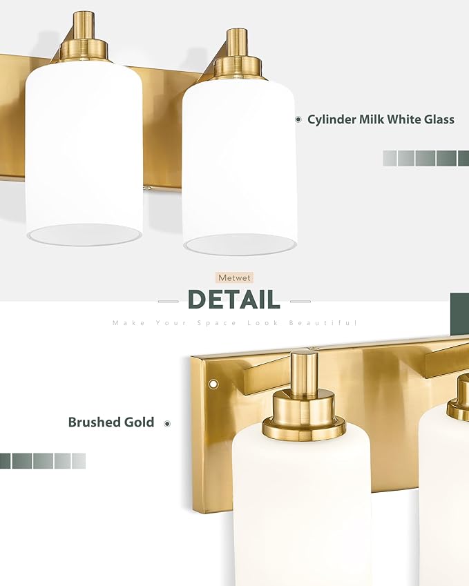 4-Light Bathroom Light Fixtures, 24.5 Inch Brushed Gold Vanity Light with Cylinder Milk White Glass Shade, Modern Vanity Lighting Fixtures Over Mirror, VL143-BG-ML-4