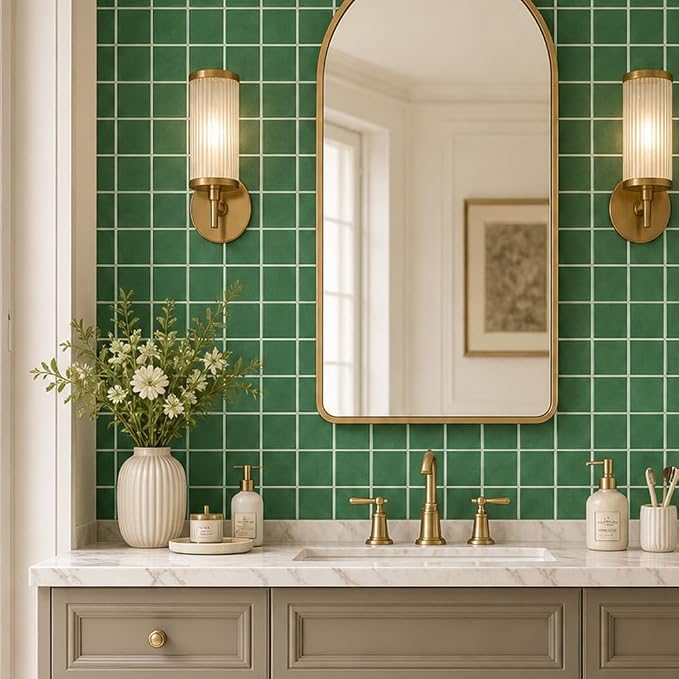Commomy Thicker Green Peel and Stick Tiles - 10 pcs of 12" x 12" | 3D Adhesive Square Peel and Stick Tiles Backsplash for Kitchen, Bathroom, Removable, Waterproof, Vinyl Wall Tile