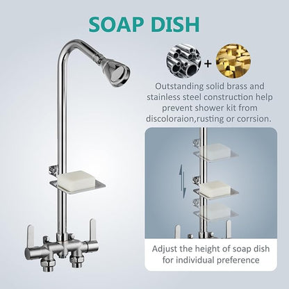 Aolemi Outdoor Shower Kit, Downward-Facing Inlets, Polish Chrome | 3-Inch Center Hot And Cold Mixer Valve, Dual Handles, with Soap Dish For Convenient Outdoor Shower Use