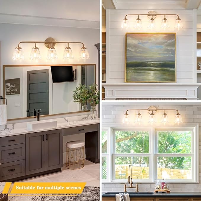 5-Light Vintage Vanity Light, Brushed Brass Vanity Lighting, Elegant Bathroom Lighting Fixtures Over Mirror, Bathroom Vanity Light with Clear Glass Shade, Gold Wall Sconce for Bedroom