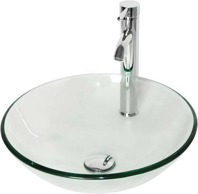 wonline Bathroom Round Tempered Clear Glass Vessel Sink Chrome Faucet & Pop-up Drain