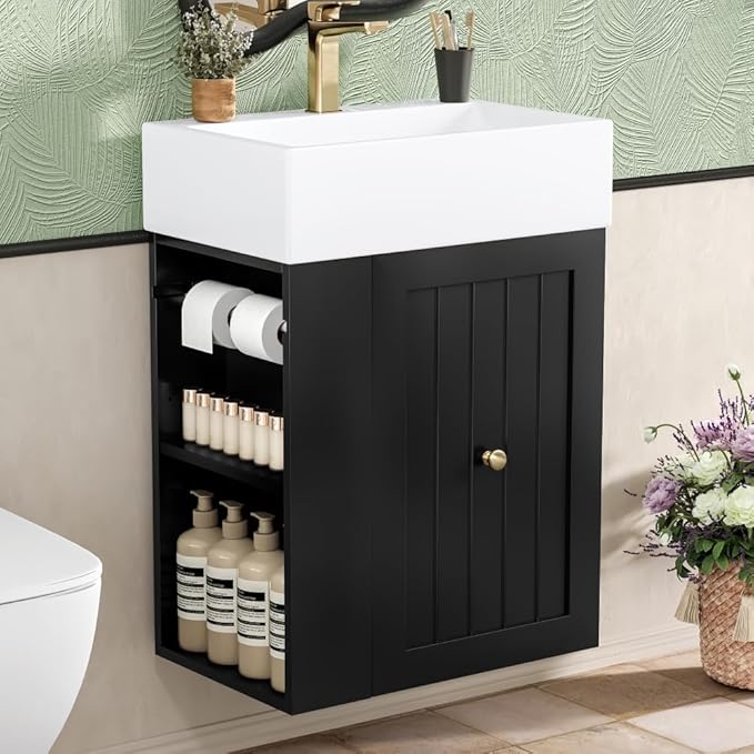 20" Floating Small Bathroom Vanity with Sink, Wall Mounted Vanity for Compact Bathrooms, Space-Saving Narrow Bathroom Vanities with Soft-Close Drawer Open Shelf Towel Bar (Black,20" Floating Drawer)