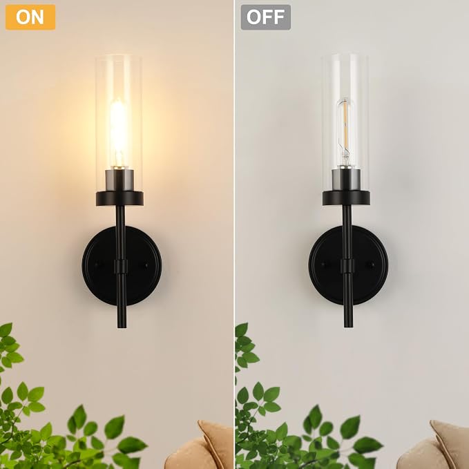 WILON Bathroom Wall Sconces Vanity Light Fixtures, Black, 2 pcs | Clear Glass Shade, 60W MAX, Modern Farmhouse Style for Vanity Mirror Bedroom Bedside Hallway Corridor Stairs bathroom